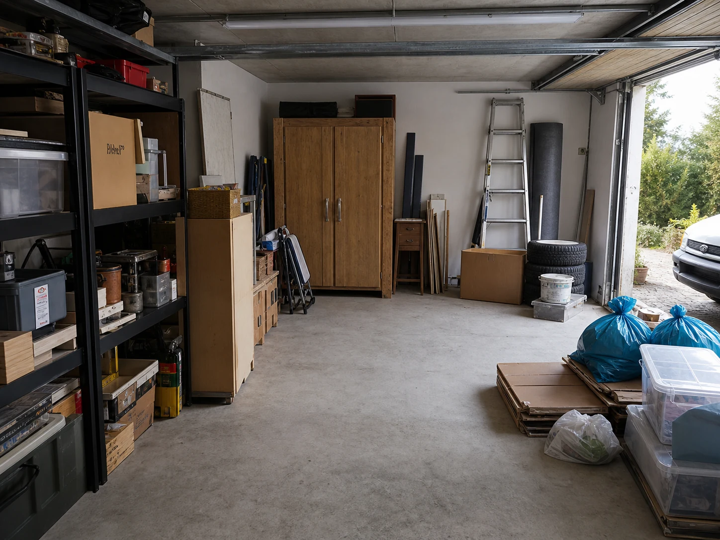 Garage mit Regalen, Kartons und Gegenständen vor einer Räumung