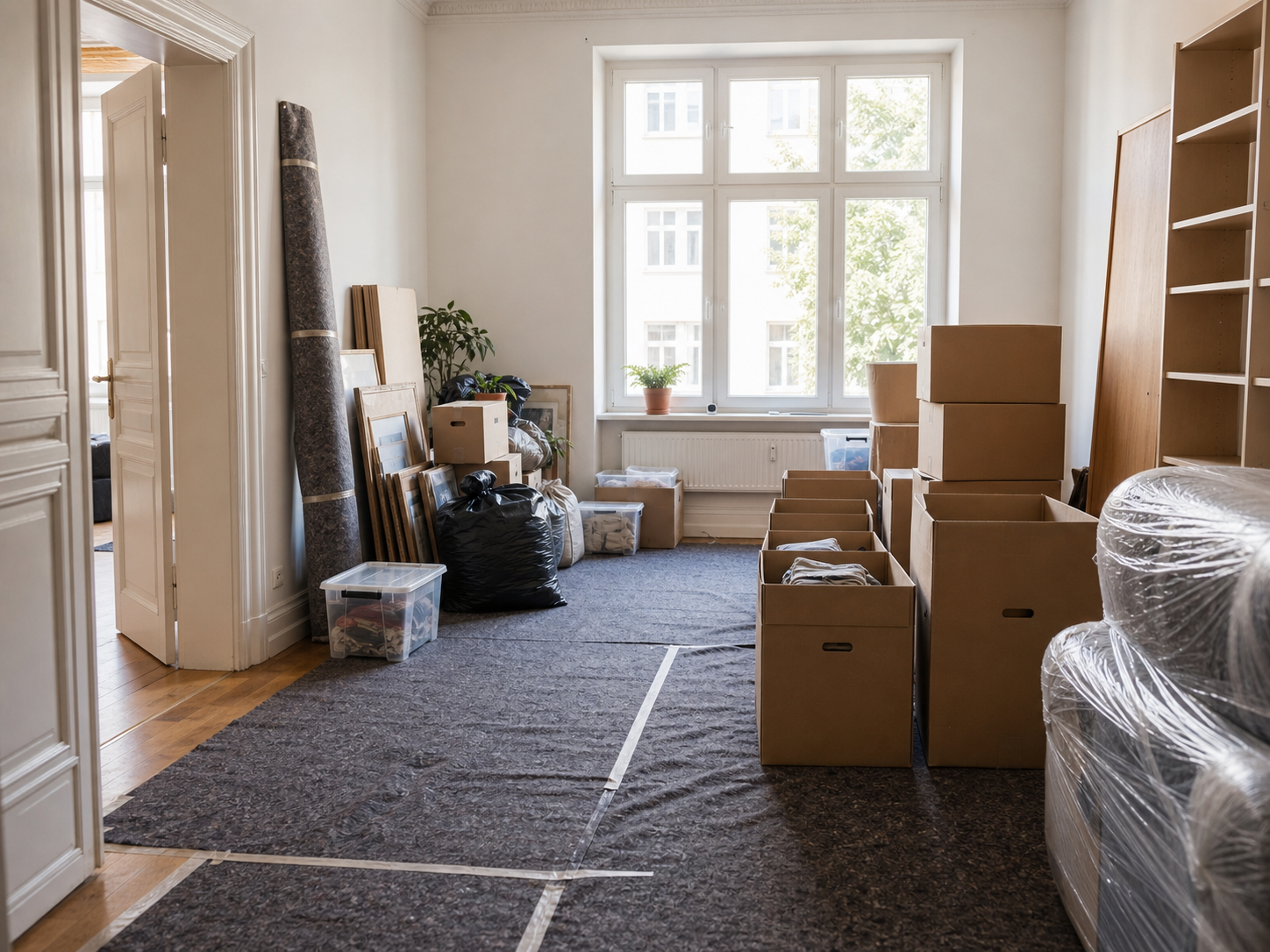 Sortierte Kartons und vorbereiteter Raum für eine Entrümpelung