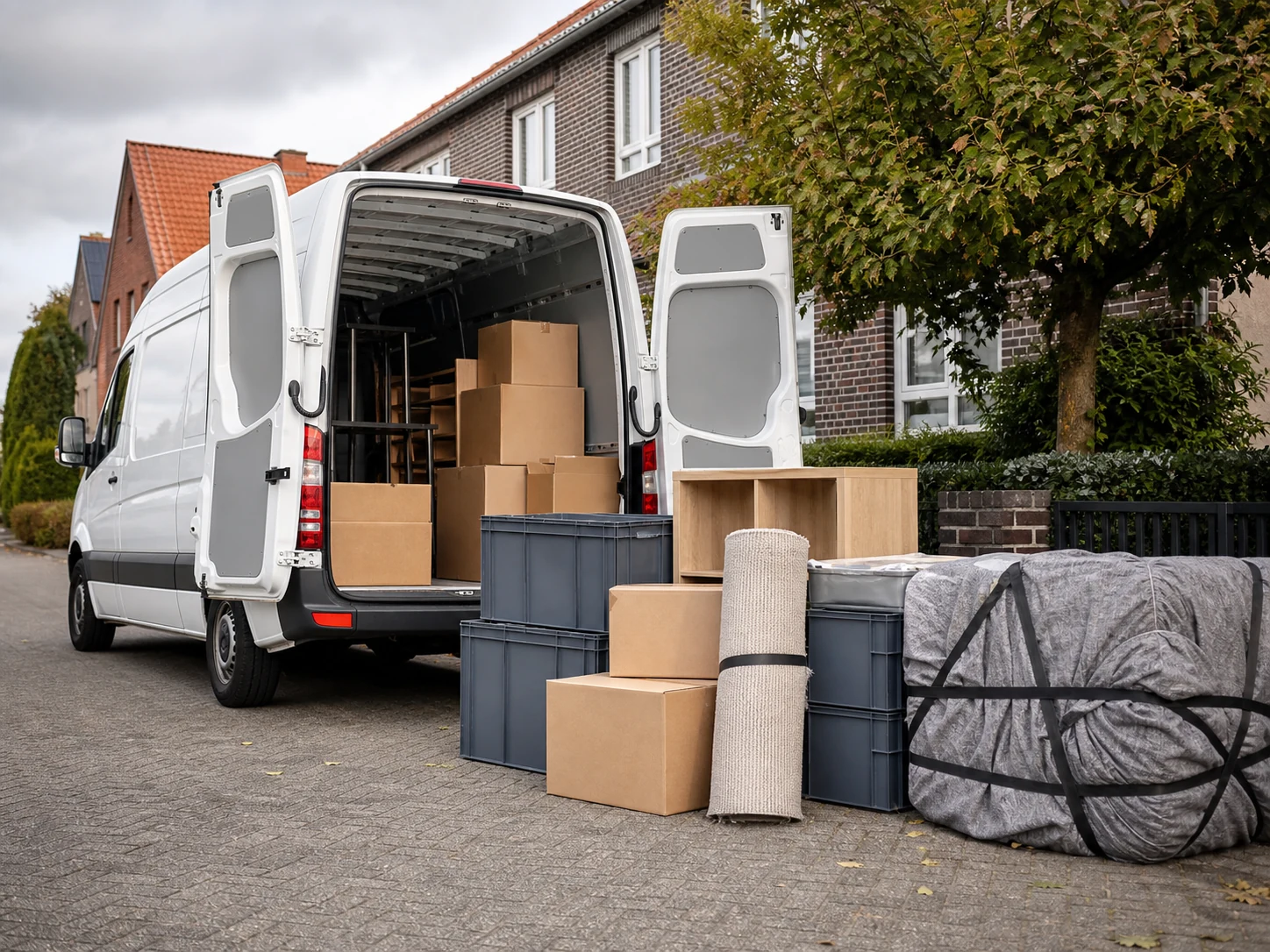 Transporter mit Kartons und Möbelstücken für Entsorgung und Transport